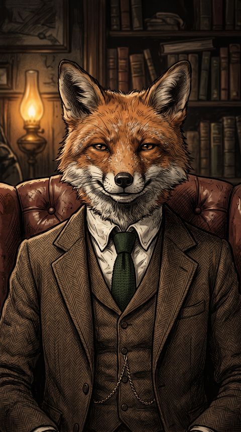 The Old Fox in his tweed suit, seated in a leather armchair with bookshelves behind him.
